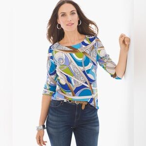 Chico’s Ornate Expressions Top, Pucci style abstract pattern, size 4, MSRP $69